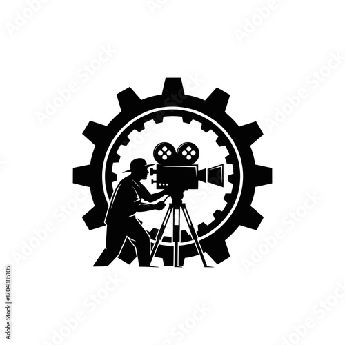 Silhouette of a filmmaker operating a vintage movie camera on a tripod, framed by a large cogwheel.