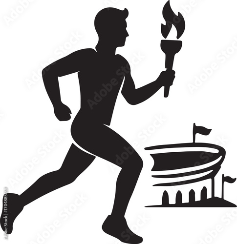 Silhouette of Athlete Running with Torch in Stadium Vector Illustration of Sports Ceremony and Olympic Spirit