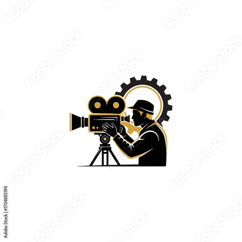 A stylized illustration showing a filmmaker operating a vintage movie camera with a gear in the background.