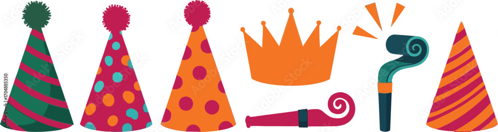 Obraz premium Festive birthday party hats, crown, and noisemakers create a celebratory atmosphere