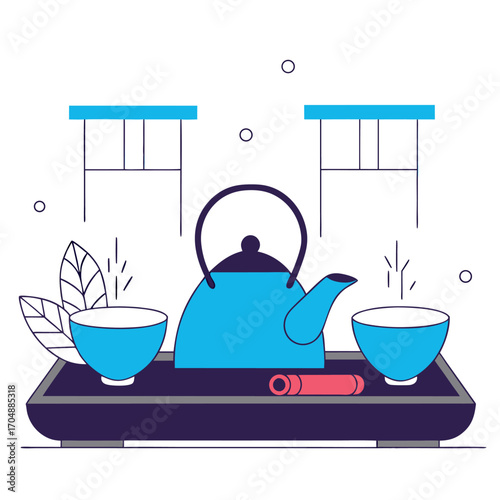 Blue and black teapot with two cups on a tray, a modern illustration of a traditional tea ceremony.