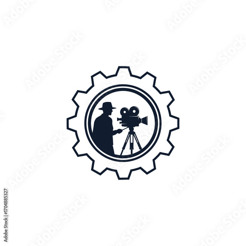 Silhouette of a filmmaker with a vintage camera on a tripod, framed within a gear.