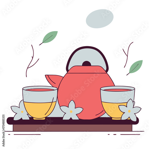 Relaxing tea time with a teapot and two cups on a tray, surrounded by flowers and leaves.