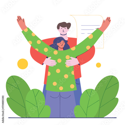 Young man holding a girl in a green dotted sweater with raised hands, showing a happy and celebratory moment