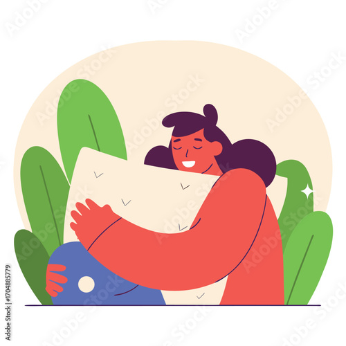 Happy young woman hugging a pillow in bed, showing comfort and relaxation.