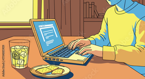 Person working on laptop at home freelance work online job remote work home office computer technology home illustration
