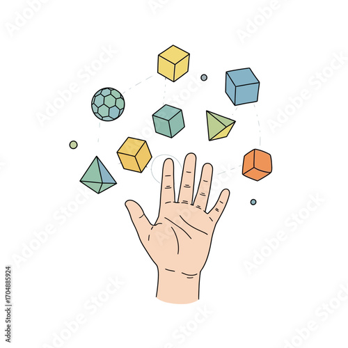 Human hand manipulating floating abstract geometric shapes, a concept for technology, virtual reality, and data organization