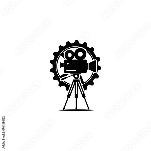 A black silhouette logo of a vintage movie camera on a tripod, framed by a large industrial gear.