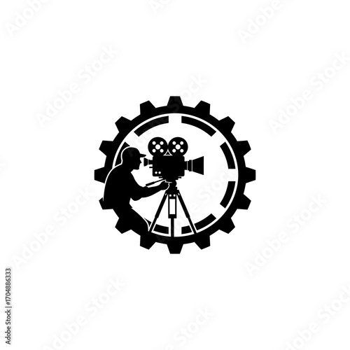 Silhouette of a filmmaker operating a vintage movie camera on a tripod, framed by a mechanical gear icon.