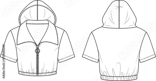 Fashion illustration of a cropped hooded jacket with a zipper detail, front and back view.