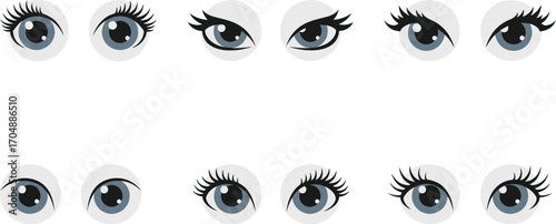A collection of cartoon eyes showing various expressions and directions, perfect for animation or design.