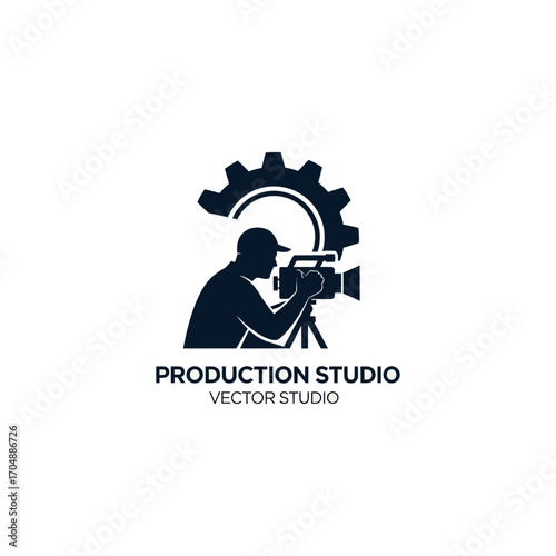 Silhouette of a filmmaker operating a professional video camera on a tripod, with a large gear graphic symbolizing production and industry behind them.