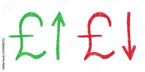 Hand drawn british pound currency symbol Growth and fall profit with arrow up and down Brush stroke doodle Element for design