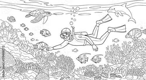 Underwater Scuba Diver with Marine Wildlife Coloring Page
