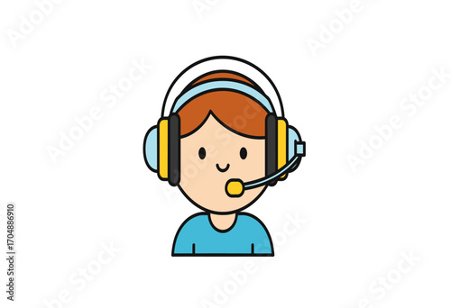 A cheerful character illustration of a help desk operator or telemarketer providing online communication and support