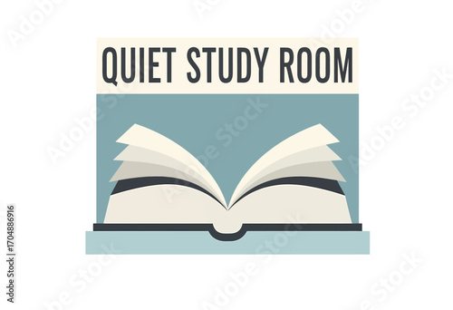 Minimalist flat design vector illustration of an open book, a symbol for a quiet library, education, and silent learning space