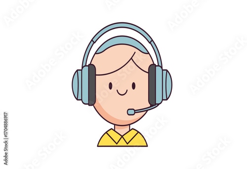 Friendly call center agent illustration providing online customer support. Cute cartoon character with a headset and microphone for communication services