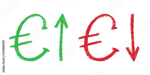 Hand drawn euro currency symbol Growth and fall profit with arrow up and down Brush stroke doodle Element for design