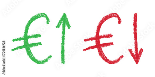 Hand drawn euro currency symbol Growth and fall profit with arrow up and down Brush stroke doodle Element for design