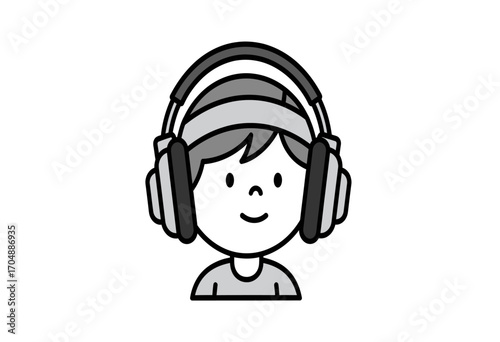 Simple line art drawing of a happy child wearing large headphones, listening to music. Isolated monochrome vector icon for audio entertainment and sound concepts