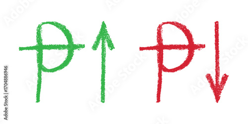 Hand drawn peseta currency symbol Growth and fall profit with arrow up and down Brush stroke doodle Element for design
