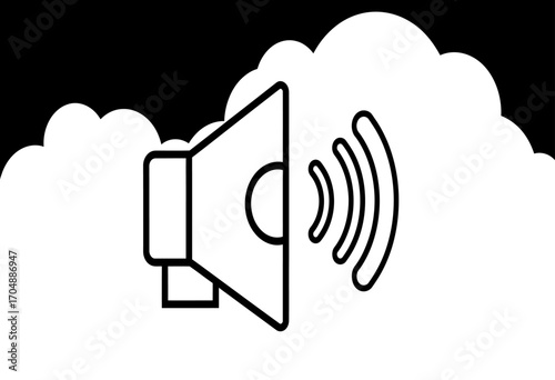 Monochrome loudspeaker icon emitting sound waves in a cloud, a concept for digital broadcasting, online announcements, and audio sharing