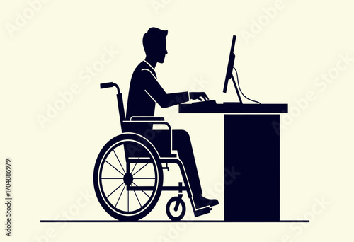 Silhouette illustration of a professional with a disability working on a computer in an inclusive office