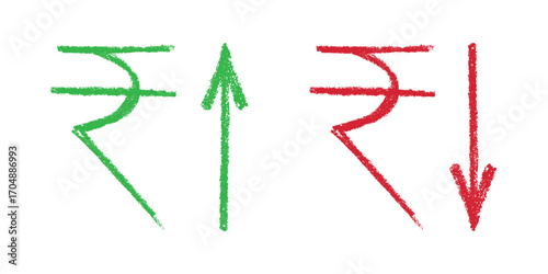 Hand drawn rupee currency symbol Growth and fall profit with arrow up and down Brush stroke doodle Element for design