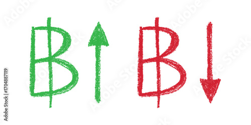 Hand drawn thai baht currency symbol Growth and fall profit with arrow up and down Brush stroke doodle Element for design