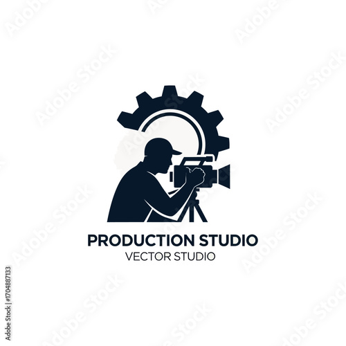 Filmmaker silhouette operating a camera within a production gear logo.