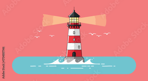 Lighthouse Beacon Guiding Ships at Sea Flat Design Vector Illustration