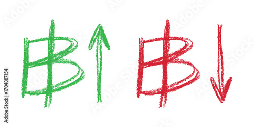 Hand drawn thai baht currency symbol Growth and fall profit with arrow up and down Brush stroke doodle Element for design