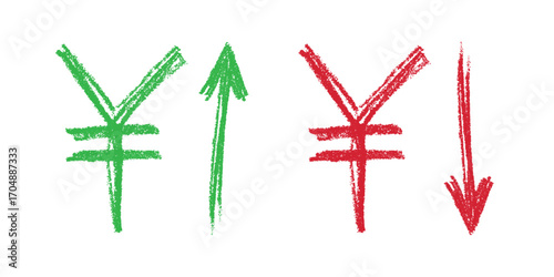 Hand drawn yen currency symbol Growth and fall profit with arrow up and down Brush stroke doodle Element for design