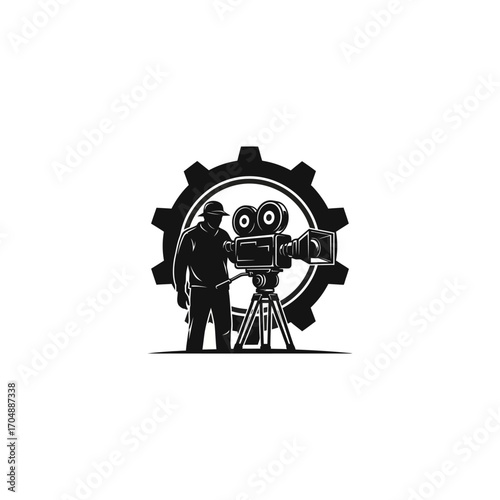 Stylized monochromatic illustration of a professional cameraman operating a vintage film camera with a large mechanical gear in the background.