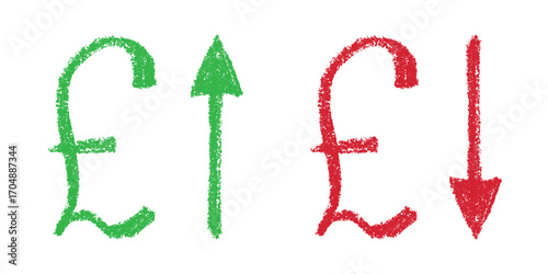 Hand drawn british pound currency symbol Growth and fall profit with arrow up and down Brush stroke doodle Element for design