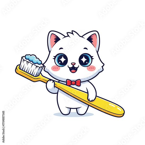 An adorable white cartoon cat with a red bow tie holding a large yellow toothbrush with paste, illustrating a fun dental care concept for kids