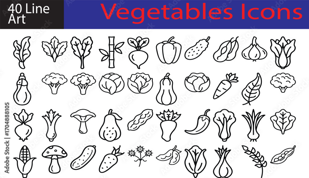 Fototapeta premium Collection of 40 hand drawn line art vegetable icons for healthy food and cooking