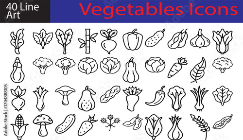 Collection of 40 hand drawn line art vegetable icons for healthy food and cooking