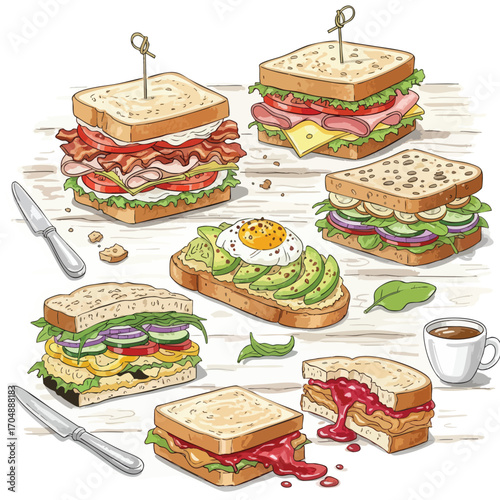 Delicious Sandwich Collection Gourmet Food Illustration Stock Photo