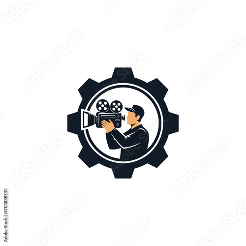 A skilled filmmaker holding a vintage movie camera, framed within a robust industrial gear, symbolizing the craft and machinery of cinema production.