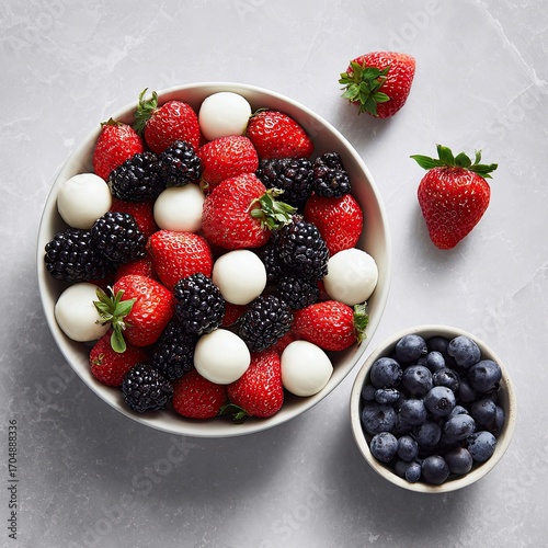 Assorted fresh berries and mozzarella balls in a light gray bowl, alongside a small bowl of blueberries, on a light gray surface