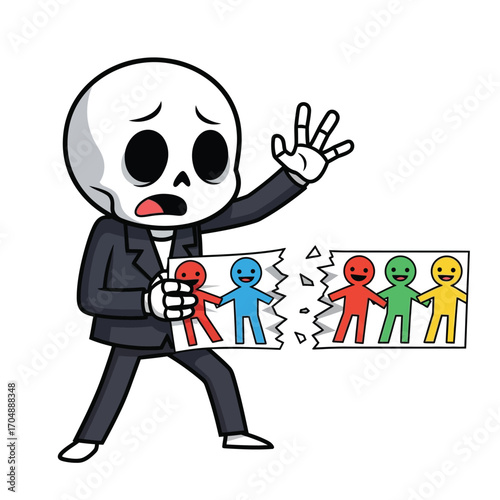 A heartbroken cartoon skeleton in a suit tearing a colorful paper chain of people, symbolizing loneliness, separation, and the loss of friendship