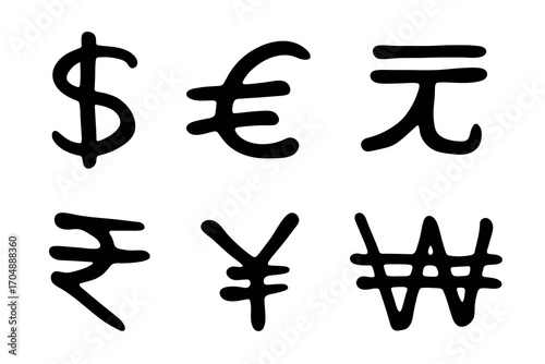 Hand drawn multiple currencies symbol set Dollar euro yuan yen won rupee