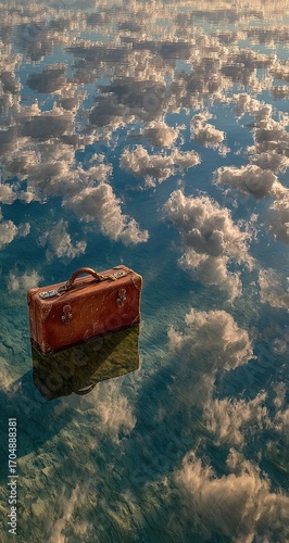 Old suitcase floats on a mirrored cloud sea