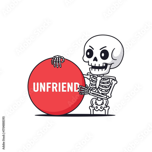 A funny and cute skeleton cartoon character pressing a large red 'unfriend' button, illustrating the end of a friendship