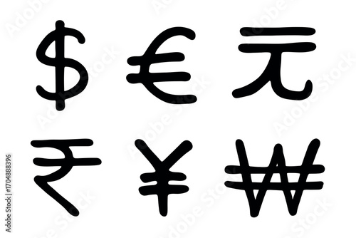 Hand drawn multiple currencies symbol set Dollar euro yuan yen won rupee