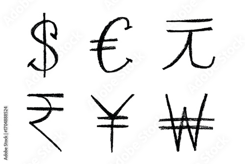 Hand drawn multiple currencies symbol set Dollar euro yuan yen won rupee
