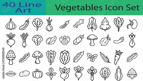 Collection of 40 hand drawn line art icons representing various fresh vegetables and produce