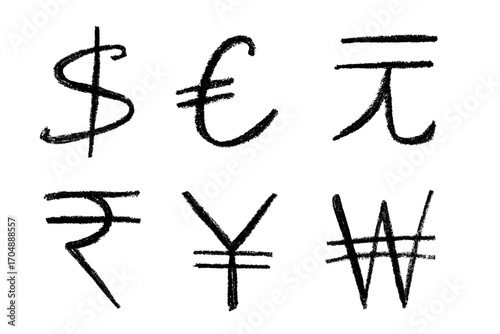 Hand drawn multiple currencies symbol set Dollar euro yuan yen won rupee