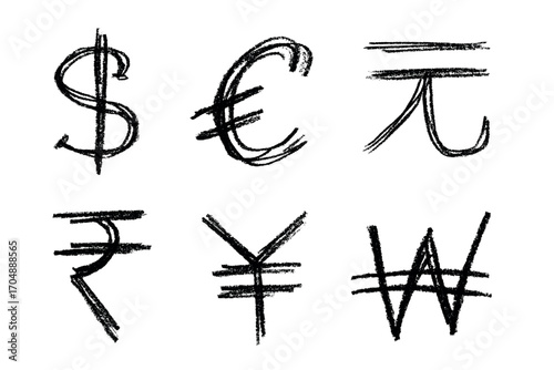 Hand drawn multiple currencies symbol set Dollar euro yuan yen won rupee